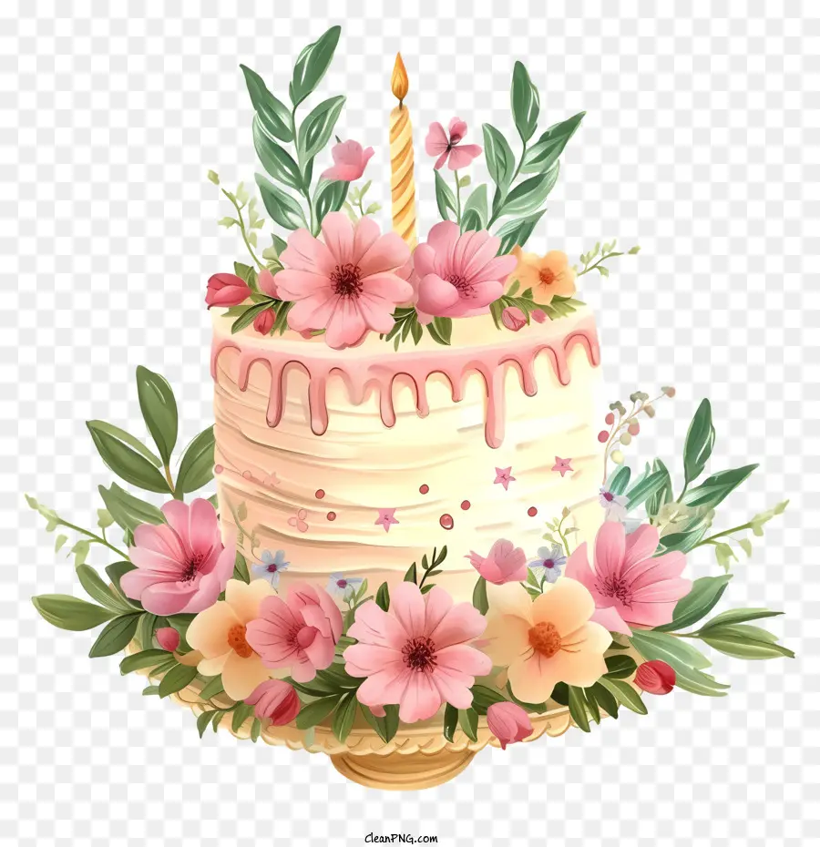 Gâteau D'anniversaire Réaliste Et Fleurs，Gâteau D'anniversaire PNG
