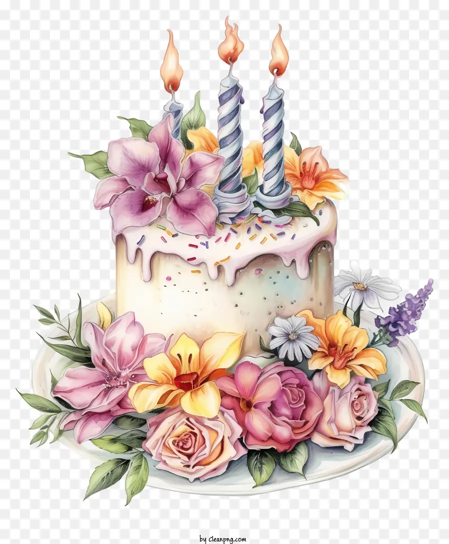 Gâteau D'anniversaire Dessiné à La Main Et Fleurs，Gâteau D'anniversaire PNG