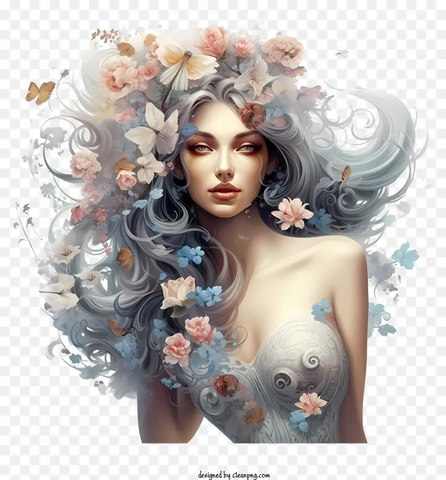 Femme Fantastique Avec Des Fleurs，Femme Aux Longs Cheveux Gris PNG