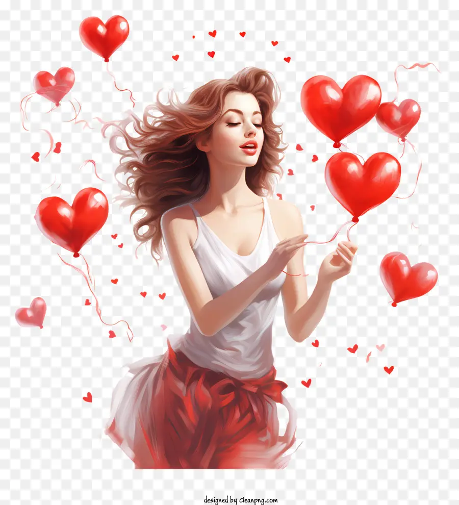 Journée De La Saint Valentin Jolie Fille，Femme Avec Des Ballons Rouges PNG