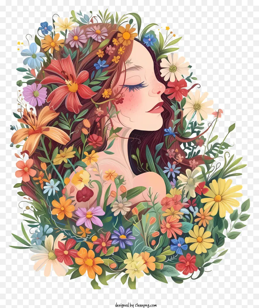 Femme Fantastique Avec Des Fleurs，Couronne De Fleurs PNG