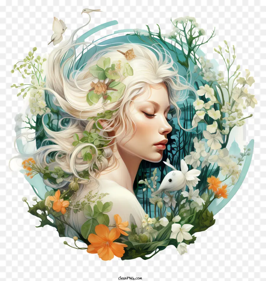 Le Printemps Commence，Femme Aux Cheveux Fleuris PNG