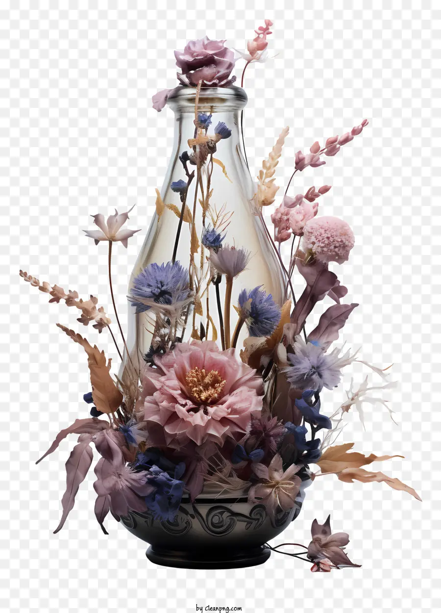 Verre De Fleurs Sèches，Des Fleurs Dans Une Bouteille PNG