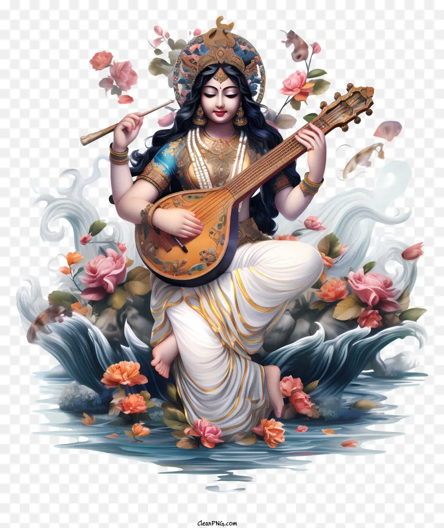 Sarasvati Puja，Déesse Jouant Un Instrument PNG