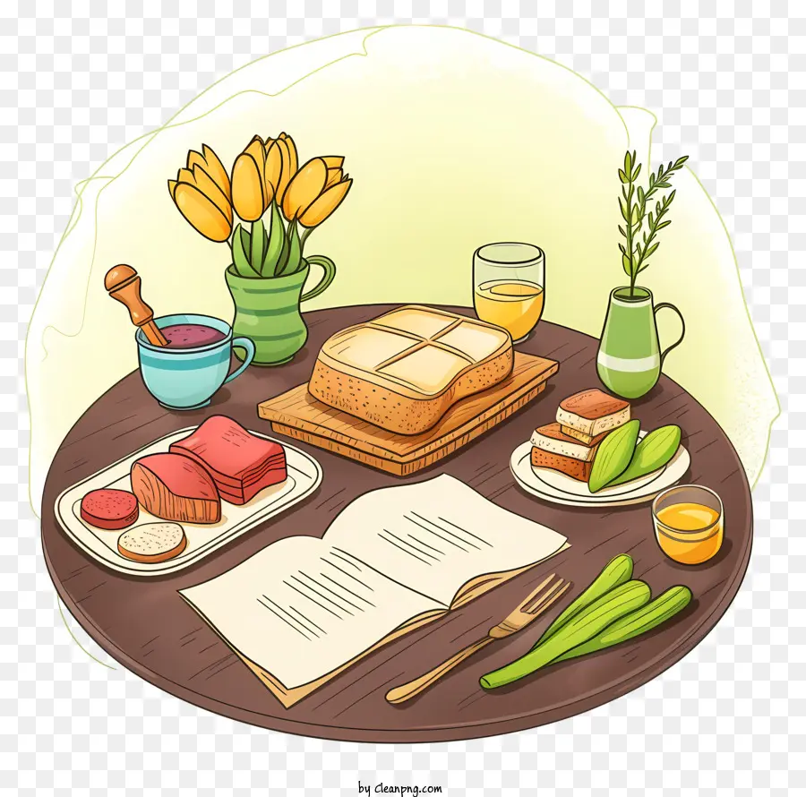 Pessa'h，Table Avec Du Pain Et Des Fleurs PNG