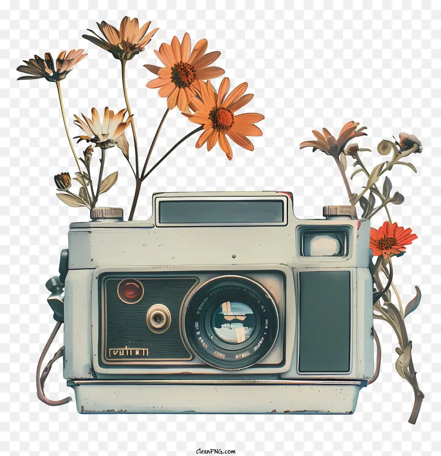 Appareil Photo Polaroïd，Appareil Photo Vintage Avec Des Fleurs PNG