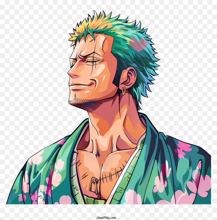 Une seule pièce roronoa zoro, des cheveux verts, bleu tatouage png