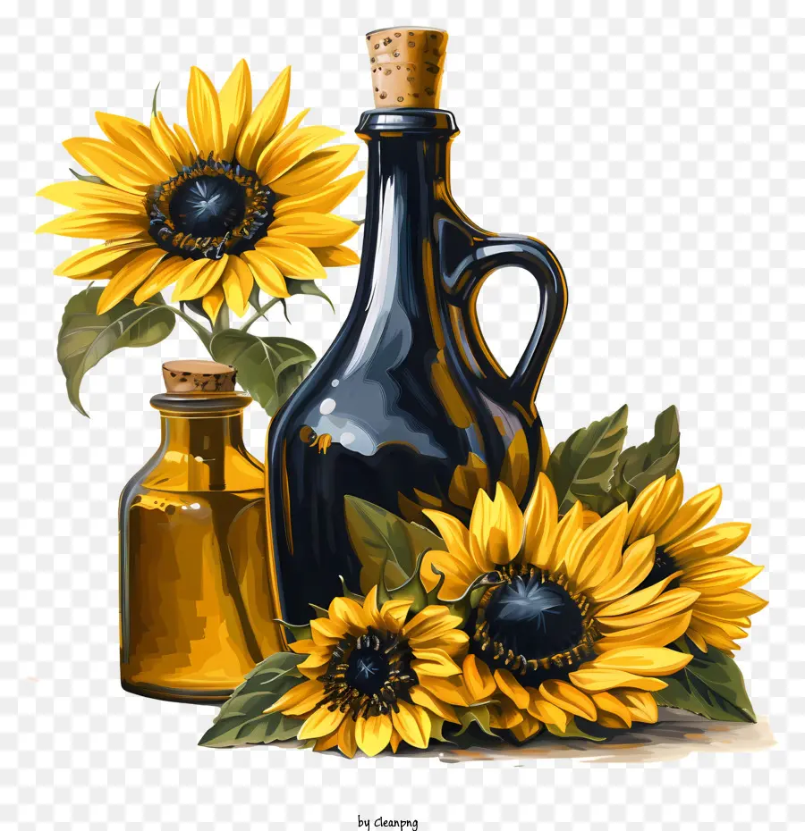 Huile De Tournesol，Tournesols Et Bouteilles D'huile PNG