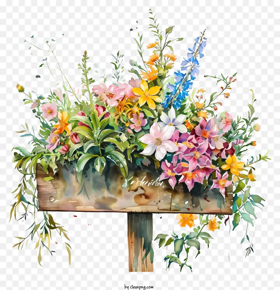 Panneau De Fleurs De Printemps，Panneau En Bois Avec Des Fleurs PNG