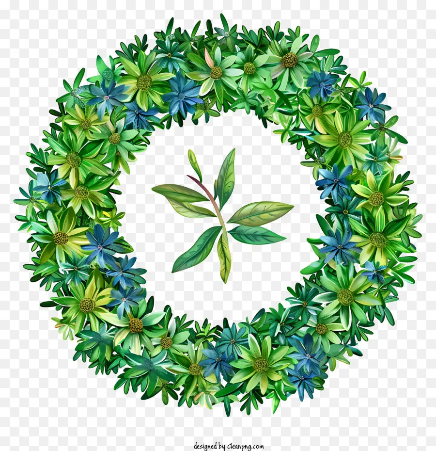 Cercle D'herbe，Couronne De Fleurs Vertes Et Bleues PNG