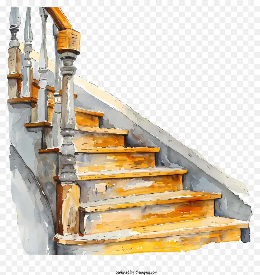 L'escalier En Bois，Peinture à L'aquarelle PNG