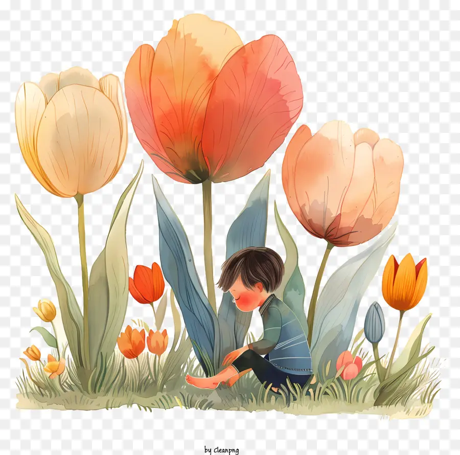 Le Printemps，Garçon Avec Des Tulipes PNG