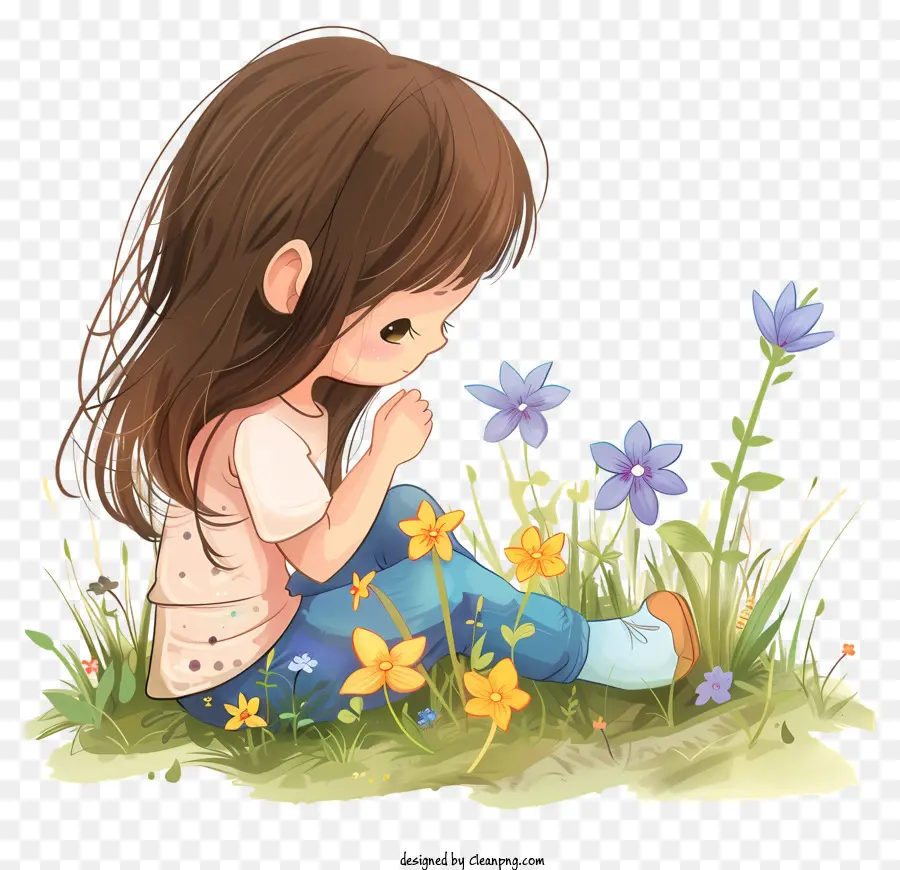 Le Printemps，Fille Assise Dans Des Fleurs PNG