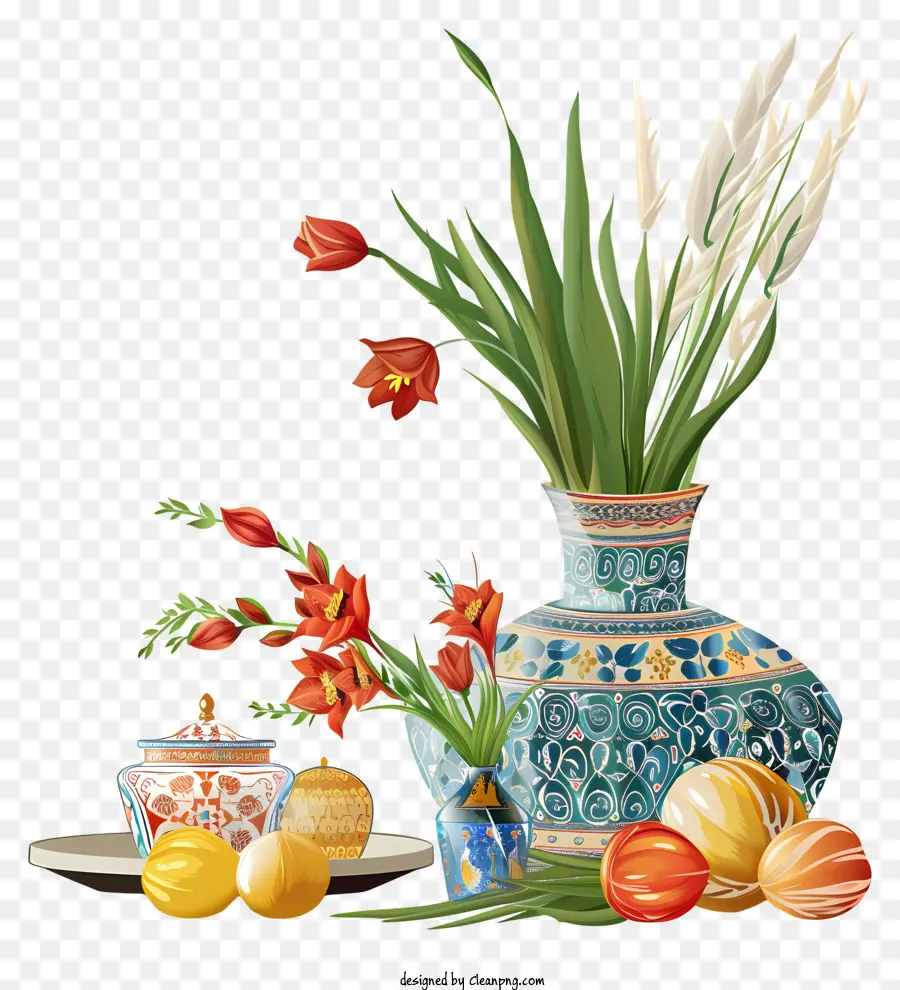 Joyeux Norouz，Vases Décoratifs Avec Fleurs Et Fruits PNG