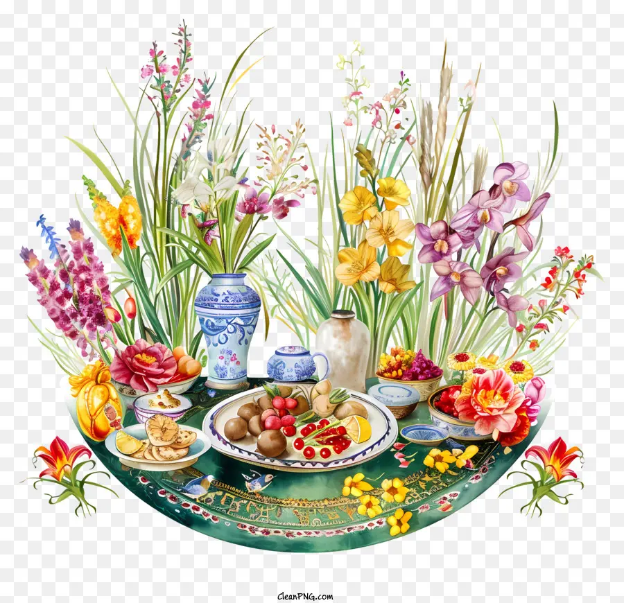 Joyeux Norouz，Fleurs Colorées Et Nourriture PNG