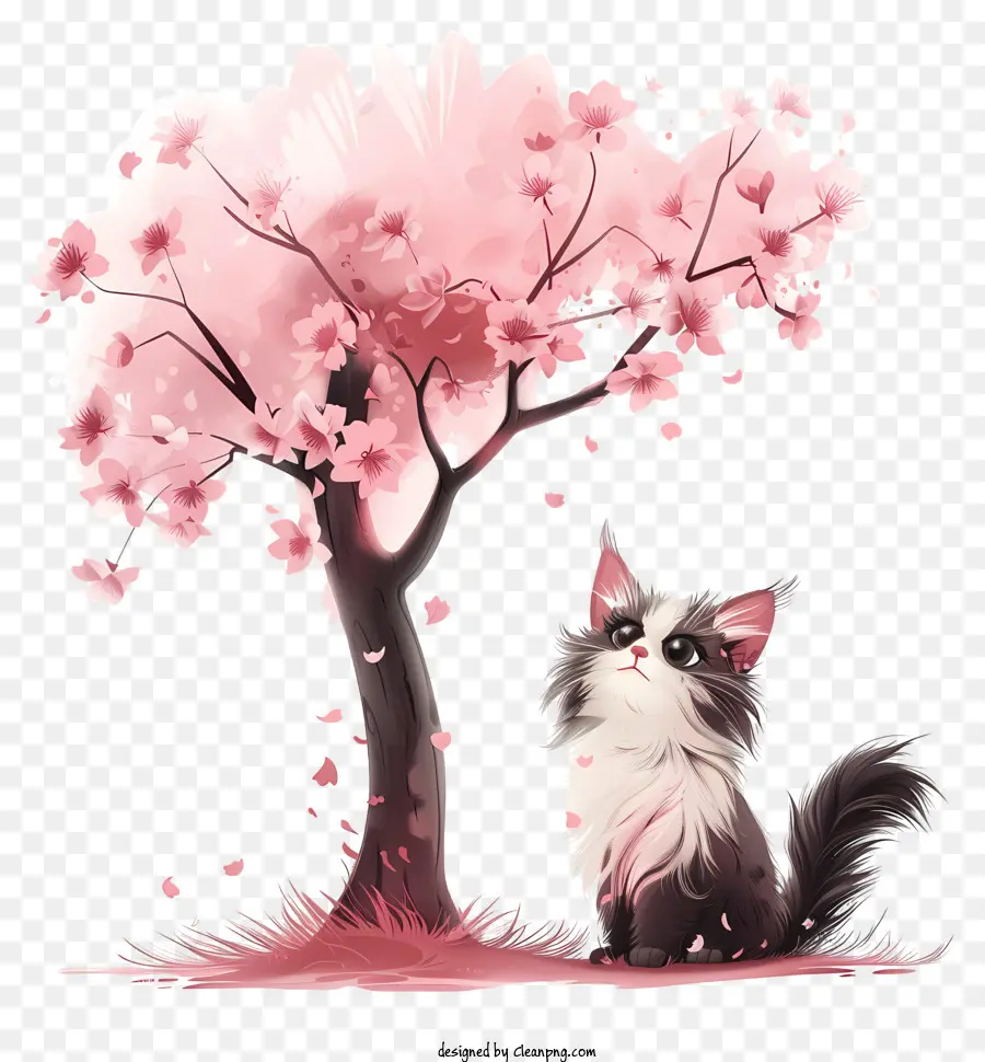 Chat Sous L'arbre，Chat Mignon Avec Cerisier En Fleurs PNG