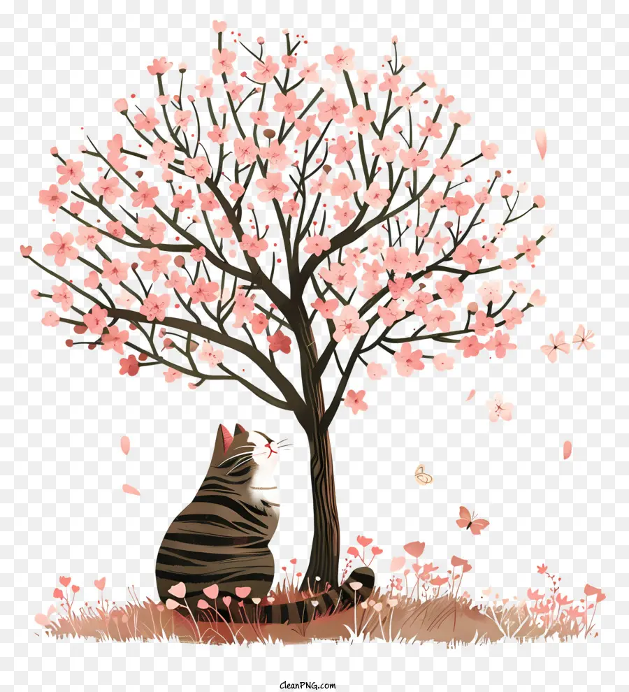 Chat Sous L'arbre，Arbre à Fleurs De Chat Et De Cerisier PNG