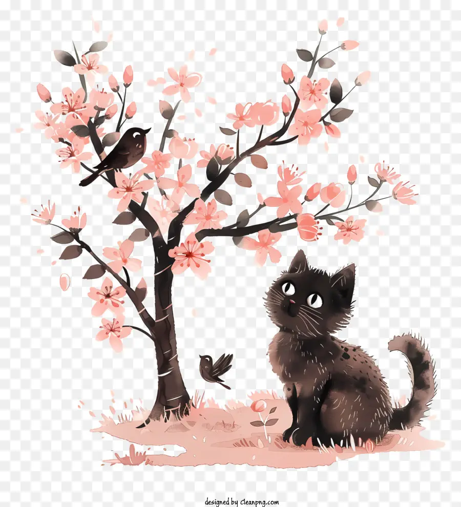 Chat Sous L'arbre，Chat Et Fleur De Cerisier PNG