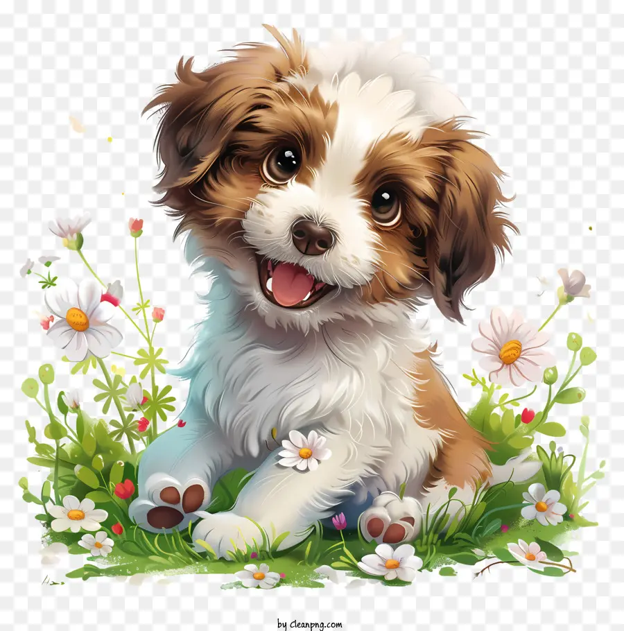 Journée Du Chiot，Chien De Dessin Animé Avec Des Fleurs PNG