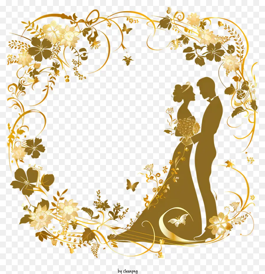 Cadre De Mariage，Couple Silhouette Dorée PNG