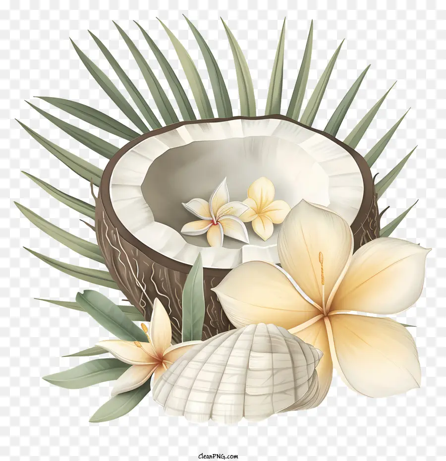 Plage De Noix De Coco，Noix De Coco Et Fleurs PNG