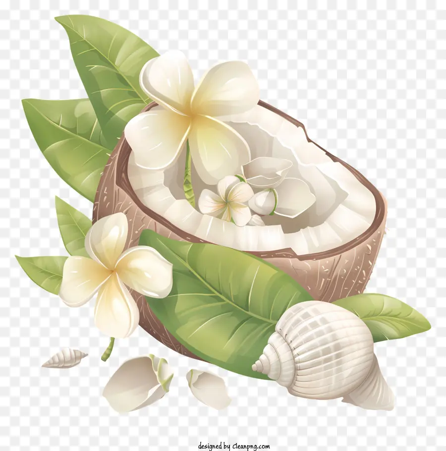 Plage De Noix De Coco，Noix De Coco Et Fleurs PNG