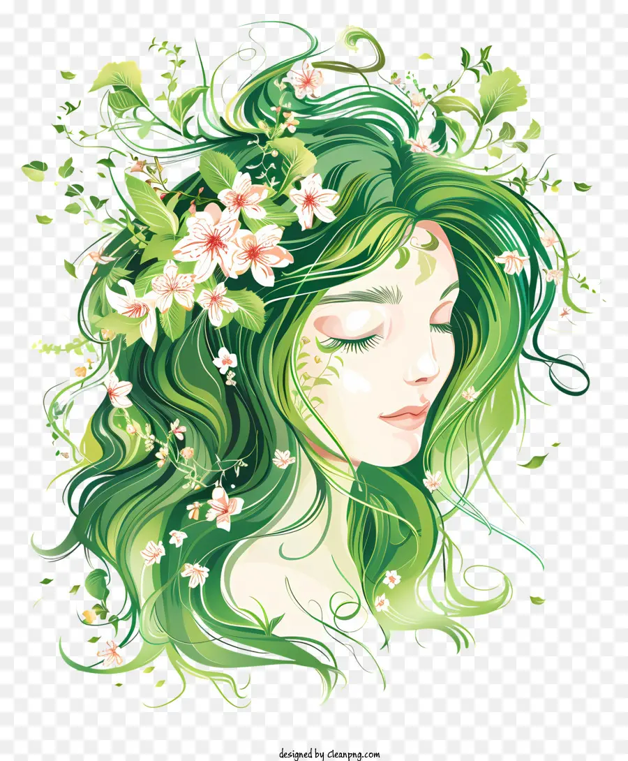 Fille De Couronne，Femme Aux Cheveux Verts Et Aux Fleurs PNG