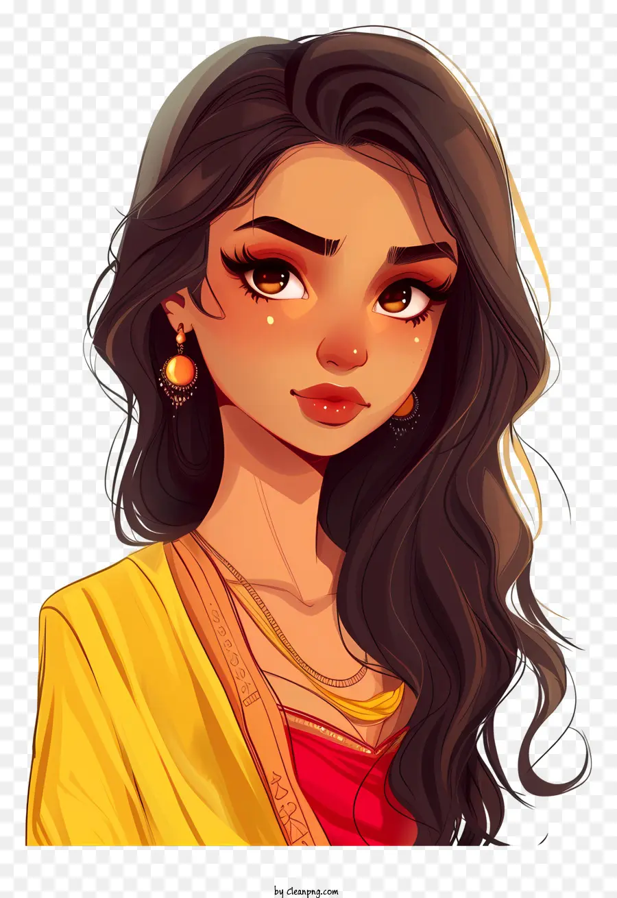 Dessin Animé De Fille Indienne，De Longs Cheveux Noirs PNG