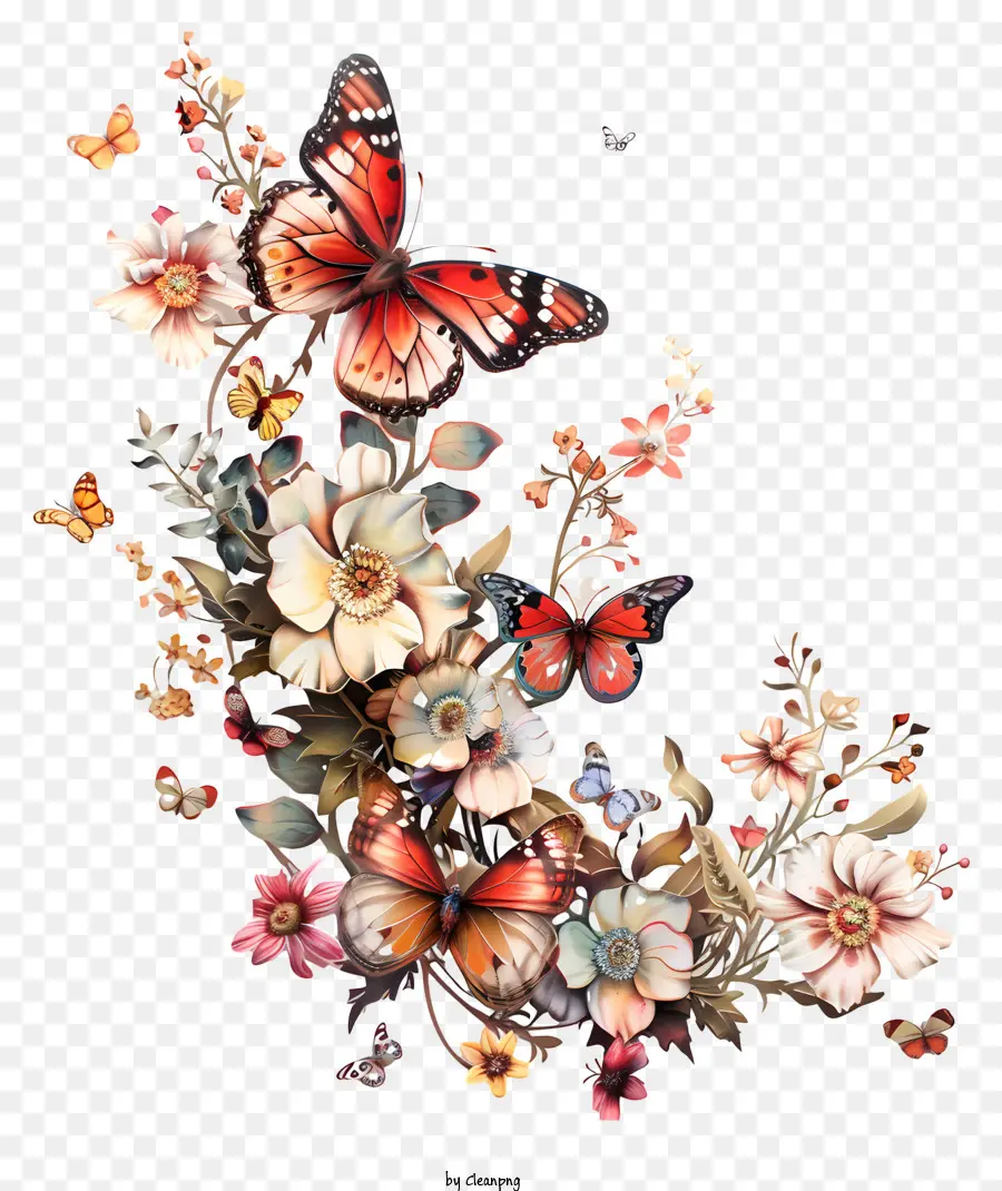 Les Papillons，Bouquet Floral PNG