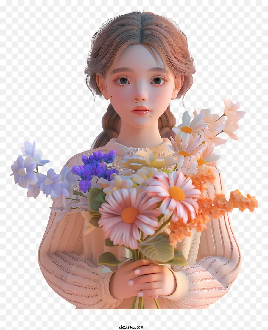 Fille Tenant Des Fleurs，Fille PNG