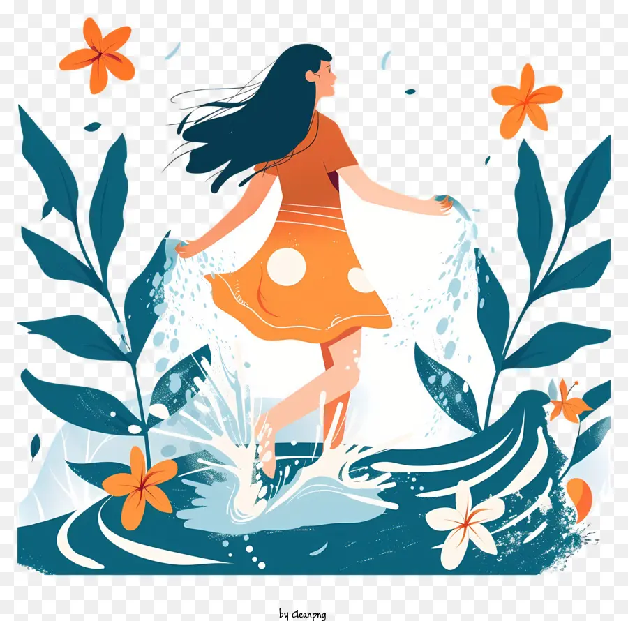 Fille Jouant Avec De L'eau，Femme Avec Des Fleurs PNG