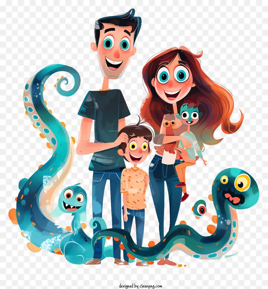 Famille De Dessin Animé，Famille Avec Des Créatures Marines PNG