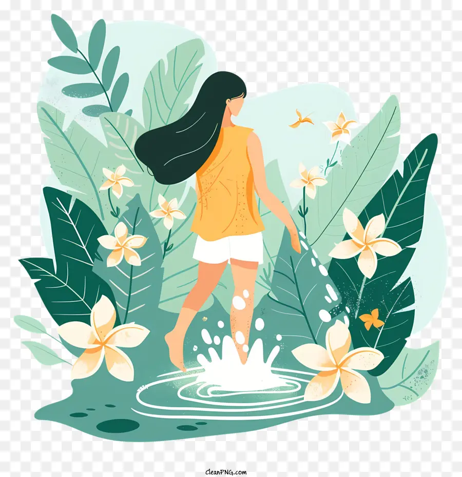 Fille Jouant Avec De L'eau，Femme Avec Des Fleurs PNG