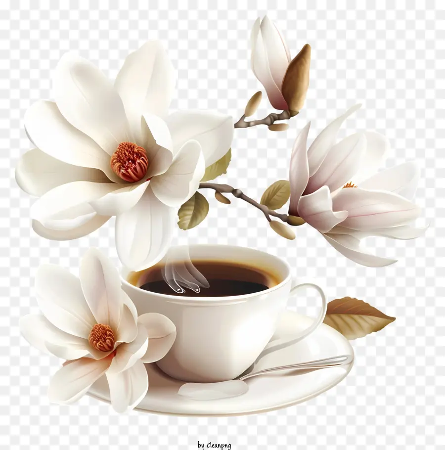 L'heure Du Café De Printemps，Tasse à Café Avec Des Fleurs PNG