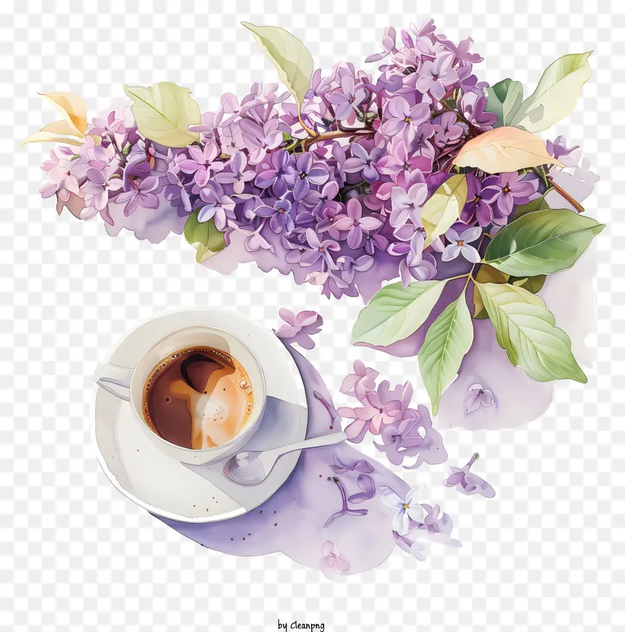 L'heure Du Café De Printemps，Tasse à Café Avec Fleurs Lilas PNG