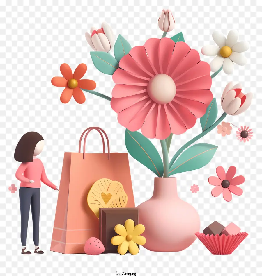 Fleurs 3d Dans Un Vase，Fleurs Et Sac à Provisions PNG