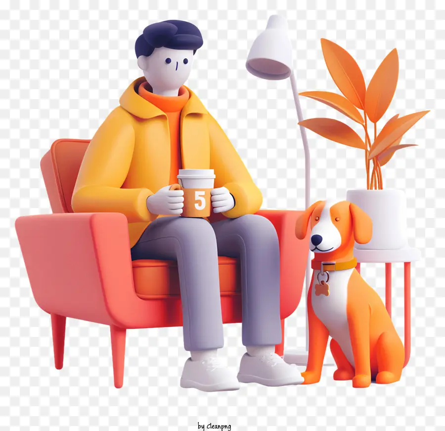 Homme Jouant Avec Un Chien，Chaise Orange PNG