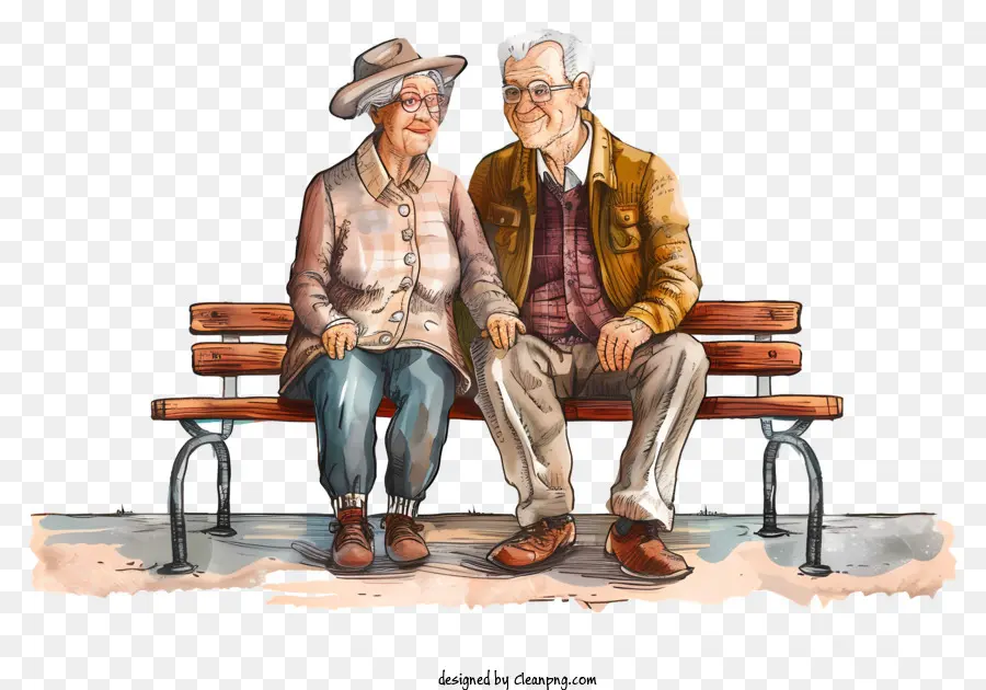 Couple âgé Assis，Peinture à L'aquarelle PNG