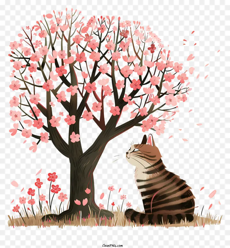 Chat Mignon Sous L'arbre，Arbre à Fleurs De Chat Et De Cerisier PNG