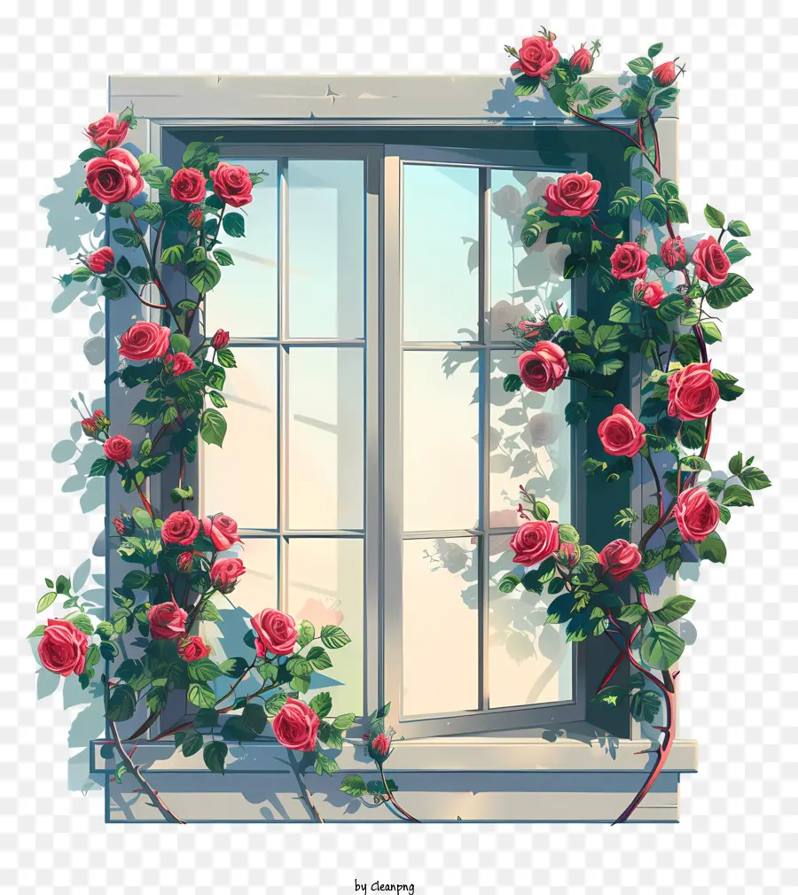 Fenêtre De Fleur De Printemps，Les Roses Rouges PNG