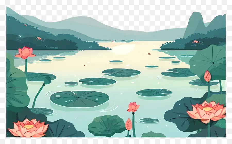 Lac Avec Lotus，Paysage Serein PNG