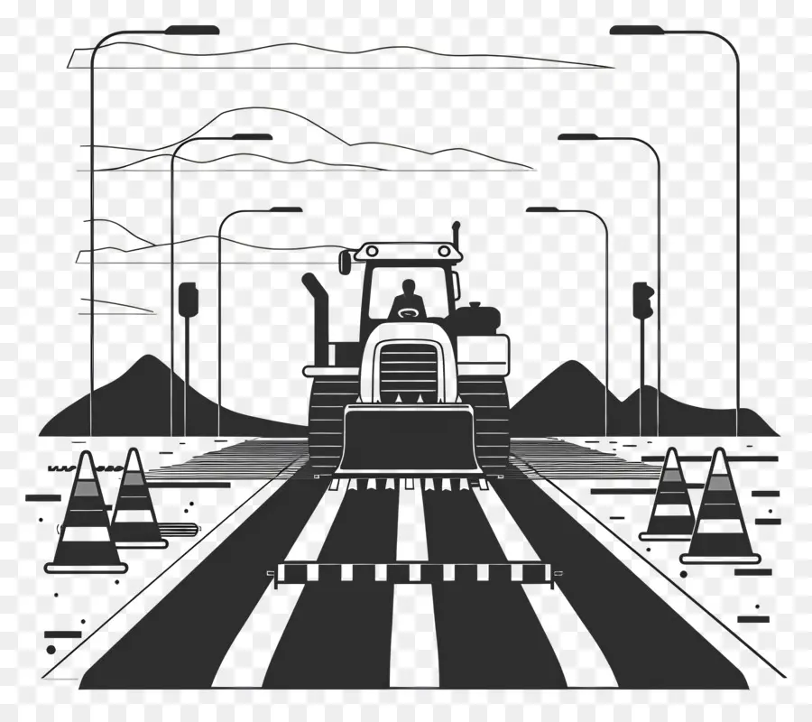 Construction De Routes，Bulldozer Noir Et Blanc PNG