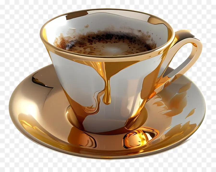 Café Expresso，Tasse D'or Et Soucoupe PNG