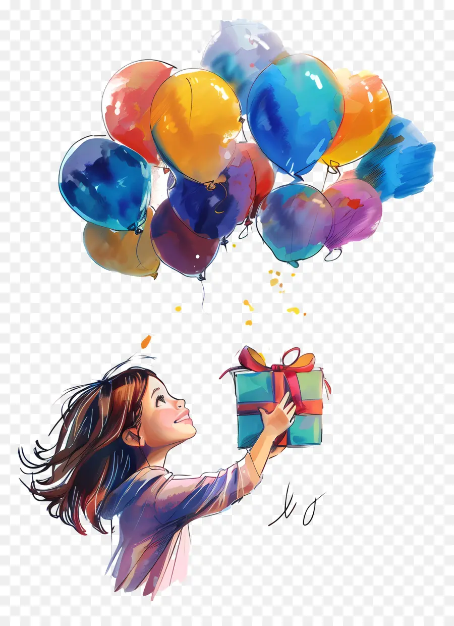 Souhait D'anniversaire，Fille Avec Des Ballons Et Un Cadeau PNG