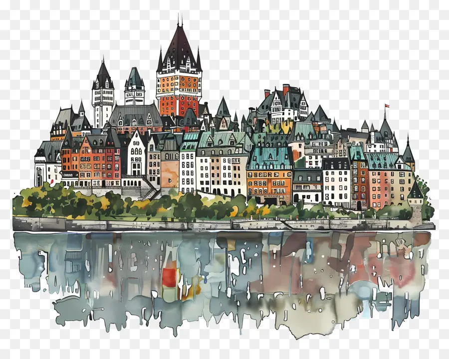 La Ville De Québec Horizon，Peinture à L'aquarelle PNG