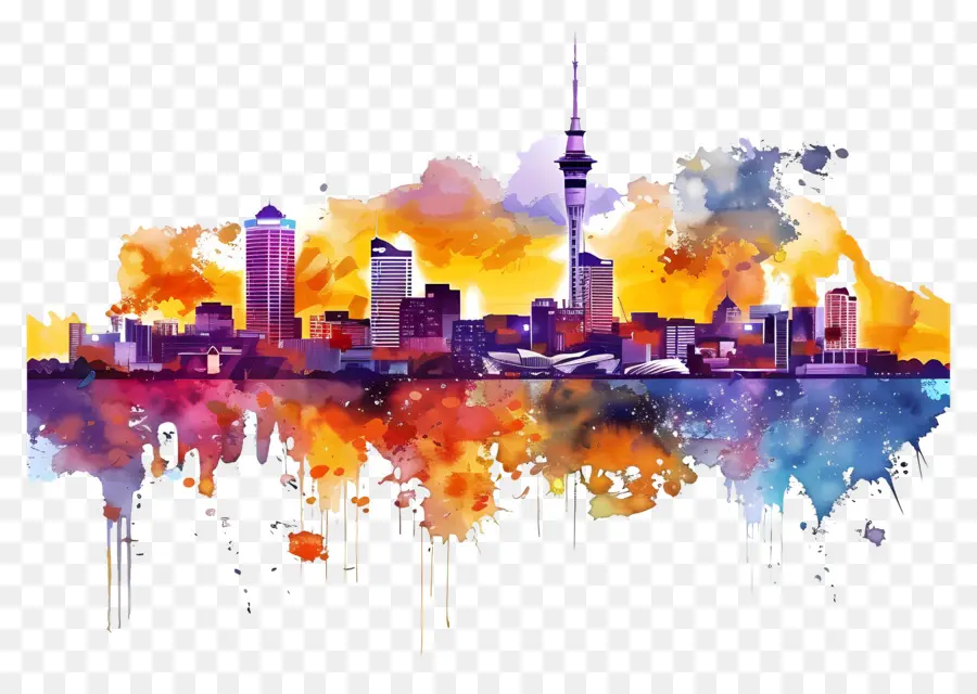 Auckland Skyline，Peinture à L'aquarelle PNG