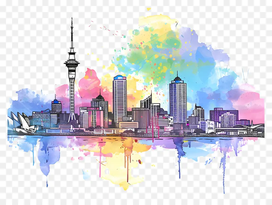 Auckland Skyline，Peinture à L'aquarelle PNG