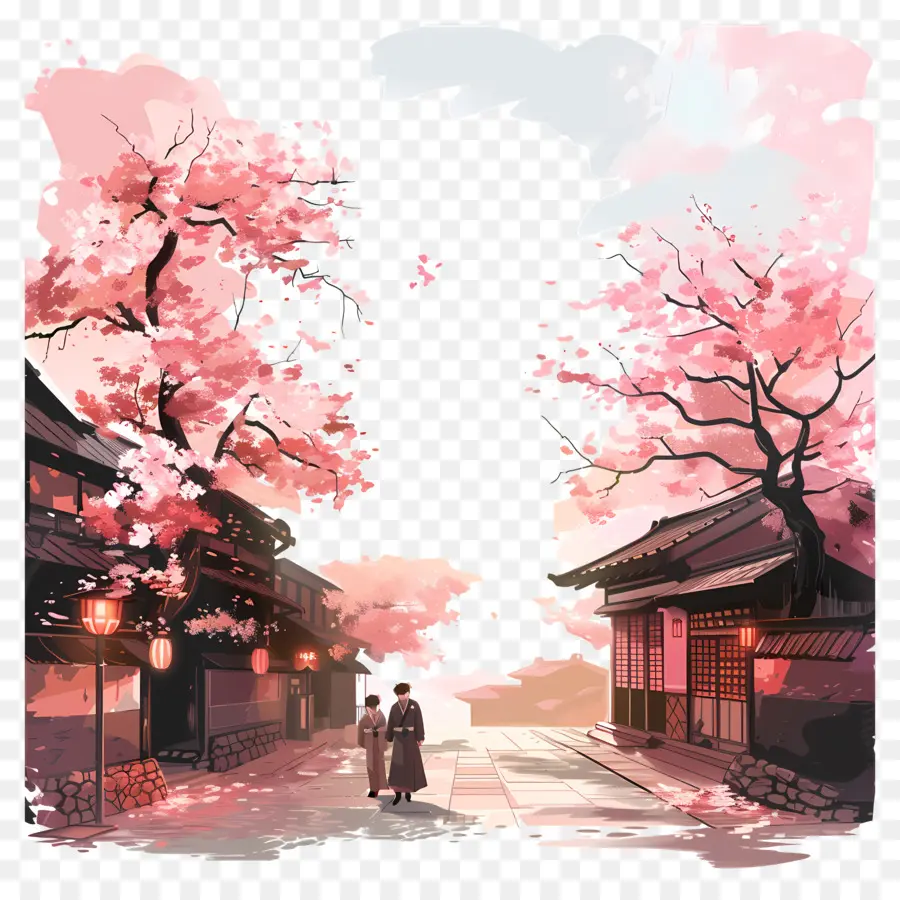 Sakura Du Soir，Rue Des Cerisiers En Fleurs PNG