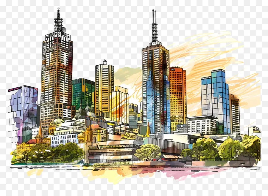 Melbourne City Skyline，Peinture à L'aquarelle PNG