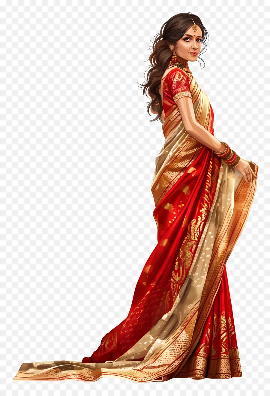 Banarasi Bon，Sari Rouge Et Or PNG